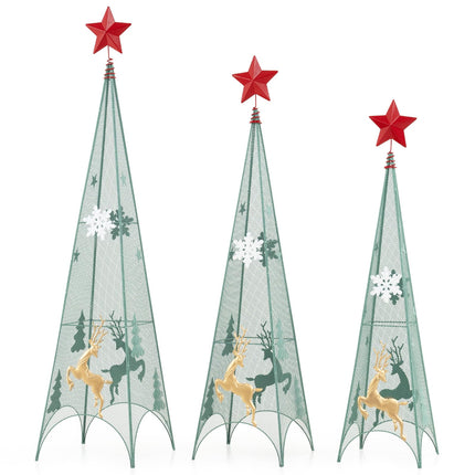 Dreamade Set of 3 Tower Shaped Christmas Trees (3ft/3.5ft/4ft), Artificial Xmas Metal Trees with Removable Star Toppers & Reindeer