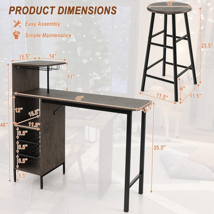 Dreamade 3 Pieces Bar Table and Stools Set, Bistro Table Set with Glass Holder (Brown)