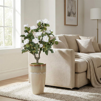 Dreamade 31.5” 2 Pack Artificial Rose Flower Trees with Spikes & 18 White Flowers