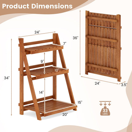 Dreamade Foldable Ladder Plant Shelf 3-Tier Solid Wood Indoor Outdoor Flower Pot Display Rack