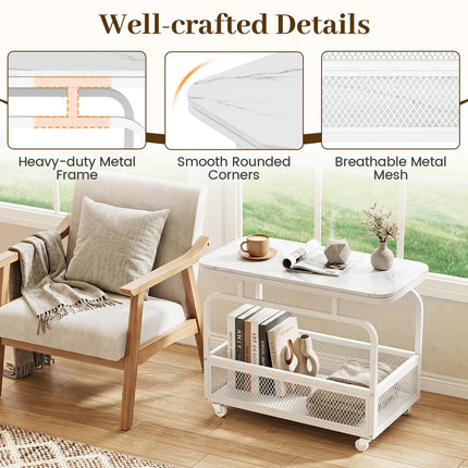 Dreamade Rolling Side Table | 2-Tier End Table with Mesh Storage Basket (1/2)