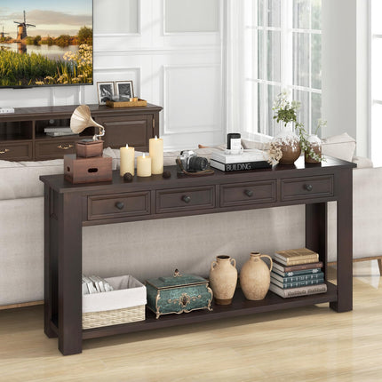 Dreamade 63" Farmhouse Entryway Table, Narrow Console Table w/ 4 Storage Drawers & Open Shelf