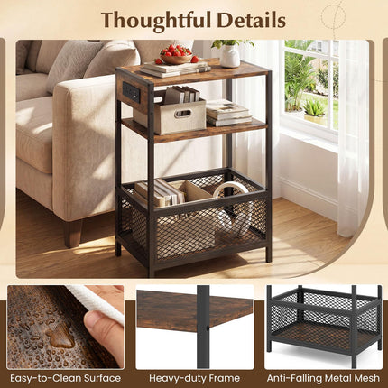 Dreamade 3-Tier End Table w/Metal Mesh Compartment & 2 AC Outlets (1/2)