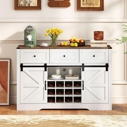 Dreamade Wine Bar Cabinet with LED Lights 52" Buffet Sideboard w/Sliding Barn Door 3 Drawer