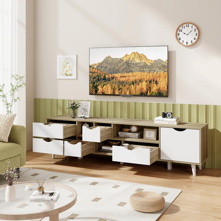 Dreamade TV Stand for TVs up to 65”, Entertainment Center with 5 Drawers, 1 Cabinet, Television Stands for Bedroom, Oak