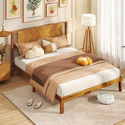 Dreamade Queen/Full/Twin Size Acacia Wood Platform Bed Frame Mid-Century Modern Bed Frame with Headboard