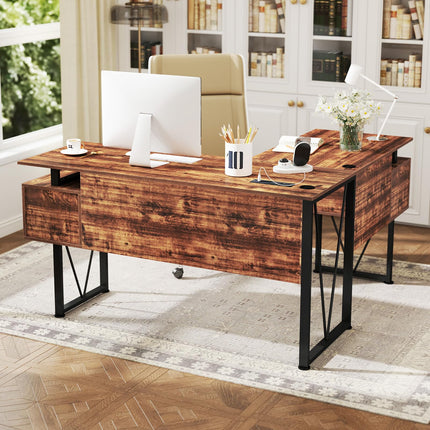 Dreamade L Shaped Desk with Drawers, 59” Large Computer Desk with Power Outlet