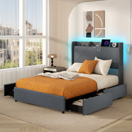 Dreamade Full/Queen Size Bed Frame with 4 Storage Drawers & LED Lights, Headboard & Charging Station, Wooden Slats, Easy Assembly, Grey