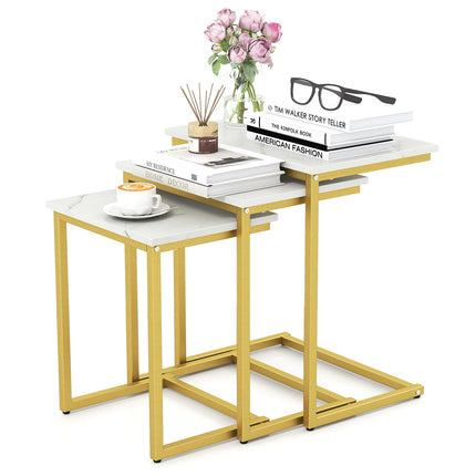 Dreamade Nesting Coffee Table Set of 3 Stackable Square End Table w/Faux Marble Tabletop & Heavy-Duty Metal Frame