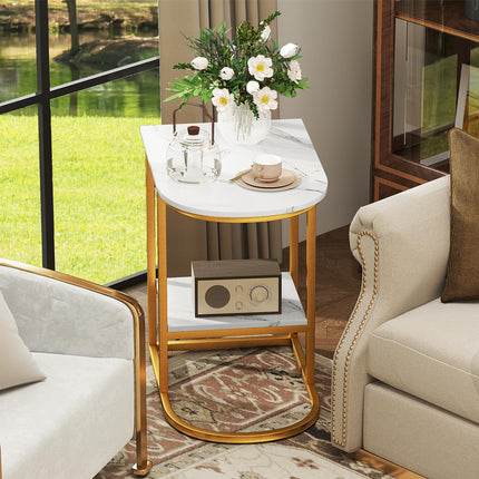 Dreamade C Shaped End Table with Faux Marble Tabletop and Storage Shelf