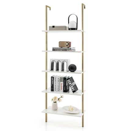 Dreamade 5 Tier Modern Wall Mounted Bookshelf, 71'' White and Gold Wood Bookcase with Steel Frame