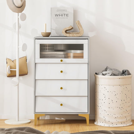 Dreamade 3 Drawer Dresser, Modern Storage Cabinet w/Flip Up Fluted Glass Door & Pull-Out Drawers