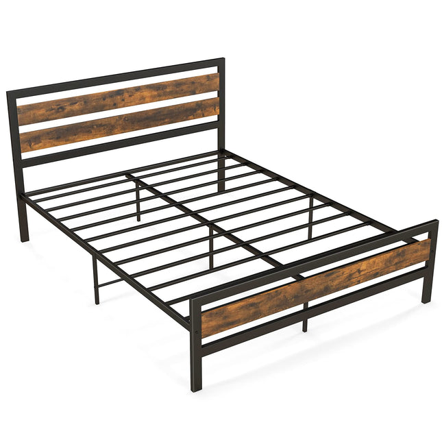 Dreamade Queen Metal Platform Bed Frame with Wooden Headboard & Footboard, Rustic Brown