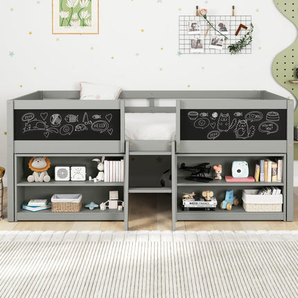 Dreamade Low Loft Bed Twin Size, Wooden Loft Bed with Ladder & Blackboard