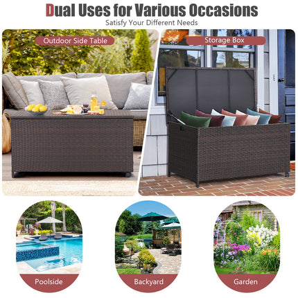 Dreamade Outdoor Wicker Storage Box - 50 Gallon PE Rattan Storage Container with Lid, Mix Brown