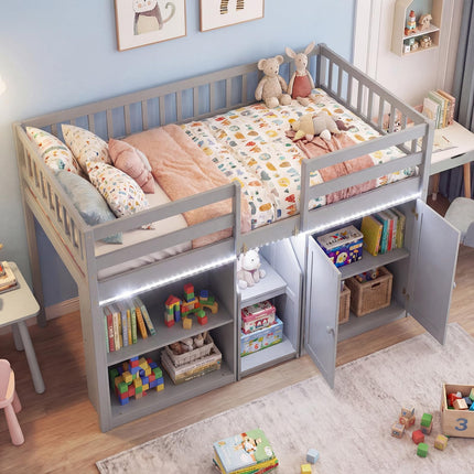 Dreamade Low Loft Bed Twin Size with LED Lights, Wooden Bed Frame