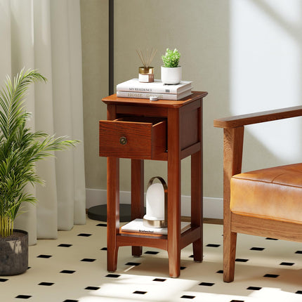 Dreamade Narrow End Table with Drawer 23.5" H Side Table w/Open Storage Shelf & Solid Wood Frame