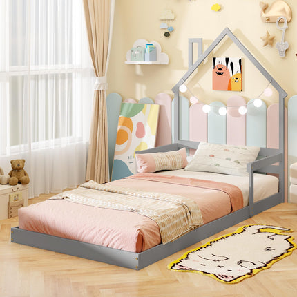 Dreamade Twin Floor Bed for Kids, Wood Montessori Floor Bed with Chimney Headboard & Handrail