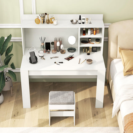 Dreamade Computer Desk with Hutch, Modern Home Office Desk with Power Outlets, Storage Shelves & Cable Hole