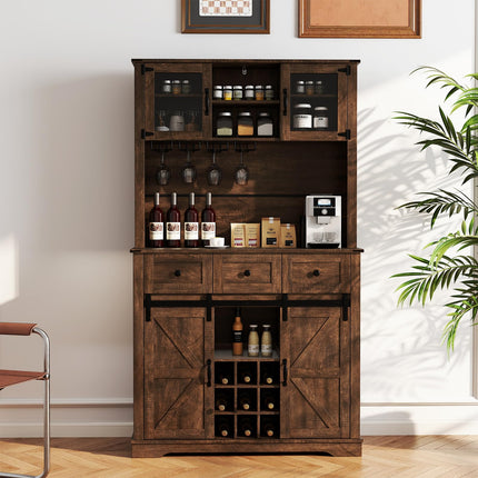 Dreamade 72" Farmhouse Coffee Bar Cabinet w/Glass Doors & Wine Racks