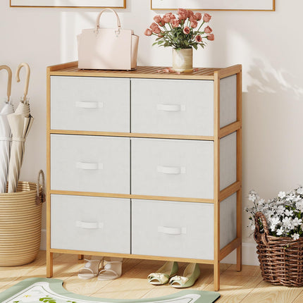 Dreamade White Dresser for Bedroom Bamboo 6 Fabric Drawers Storage Tower with Top Shelf