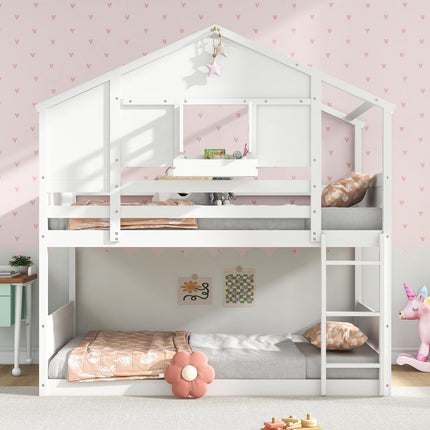 Dreamade Bunk Bed Twin Over Twin, Wood House Bed for Kids with Roof, Window Door, White