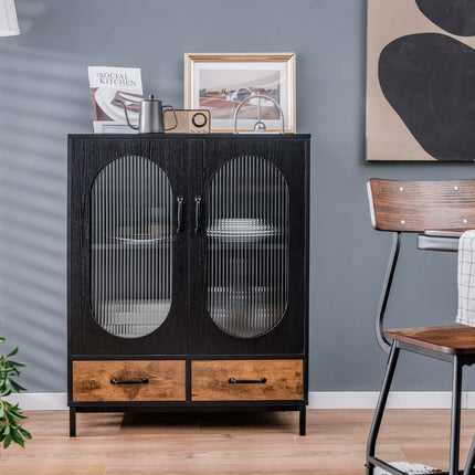Dreamade Buffet Cabinet with 2 Drawers, Wooden Sideboard, Standing 2-Tier Cupboard (Black & Brown)