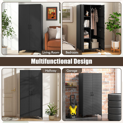 Dreamade Wicker Storage Cabinet, 62” Tall Pantry Cabinet with 2 Doors, Hanging Rod, 4 Storage Cubes
