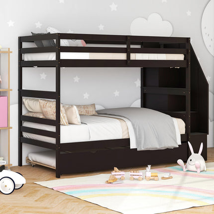 Dreamade Twin Over Twin Bunk Bed with Trundle and Storage Stairs, Solid Wood Bunk Bed Convertible 3 Bed Frames for Bedroom