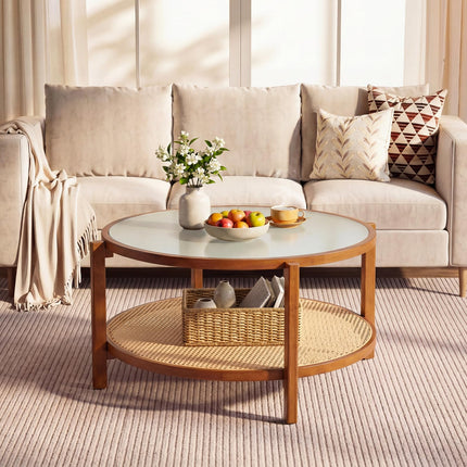 Dreamade 35" Rattan Farmhouse Glass Center Table with Storage