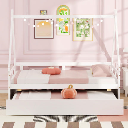 Dreamade Twin House Bed with Trundle, Wood Montessori Tent Bed Frame with Safety Guardrail