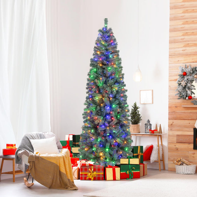 Dreamade 7.5ft Pre-Lit Blue Slim Pencil Christmas Tree with 250 Warm White & Multicolored LED Lights, 9 Modes, 724 Branch Tips