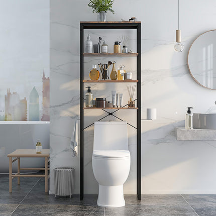 Dreamade Over The Toilet Storage Rack, 4-Tier Wooden Bathroom Space Saver w/Metal Frame & 2 Hooks