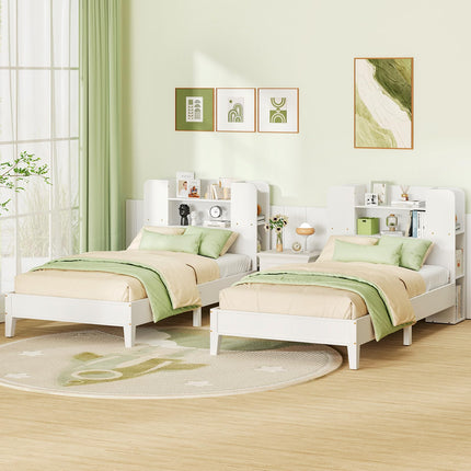 Dreamade Twin Bed Frames for Kids, Wooden Twin Size Bed with Storage Bookcase Headboard