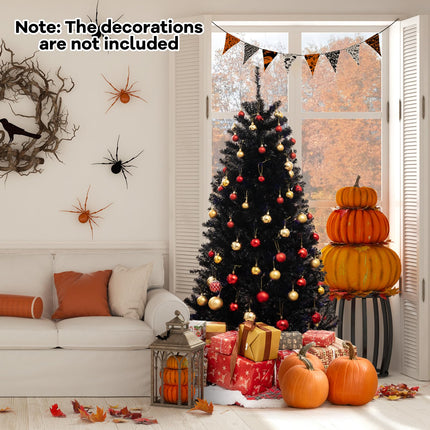 Dreamade 6/7/8 FT Pre-Lit Black Halloween Tree, Artificial Hinged Christmas Tree with 280/380/500 Orange & Purple LED Lights