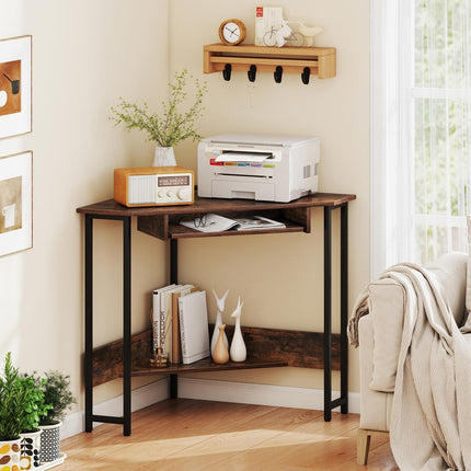 Dreamade Small Corner Desk with Charging Station with Keyboard Tray & Storage Shelf