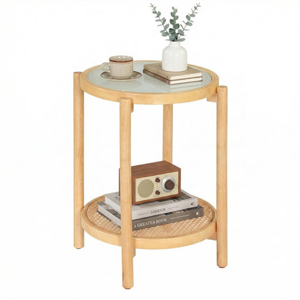 Dreamade 2-Tier Boho Rattan Round Side Table w/Tempered Glass Top (1/2)