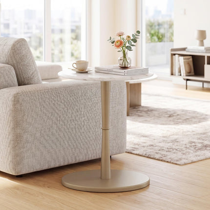 Dreamade Round Marble Side Table w/Stone Finish & Wooden Pedestal (1/2)