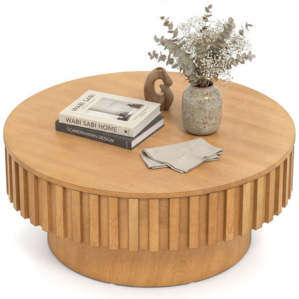 Dreamade Round Coffee Table with Storage | Modern Drum Fluted Center Table with Solid Wood Veneered
