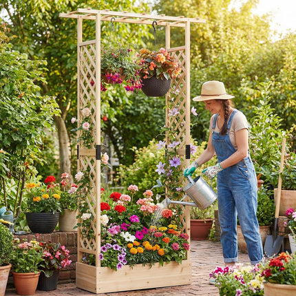 Dreamade Wooden Raised Garden Bed with Trellis & Hanging Roof