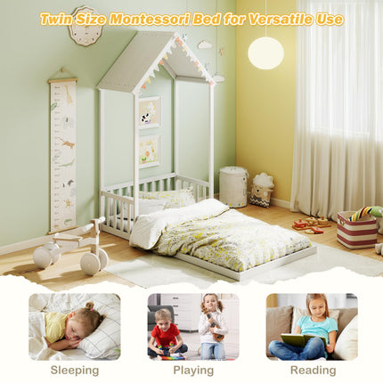 Dreamade Twin Size House Bed Montessori Floor Bed with House Shape Roof & Semi-Fence