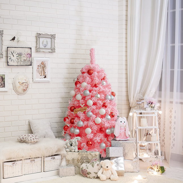 Dreamade 4.5ft Pink Artificial Christmas Tree, Unlit Hinged Snow Flocked Xmas Tree w/ 348 PVC Branch Tips & Metal Stand - DreamadeUS