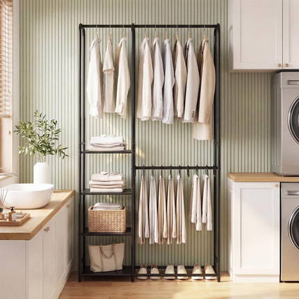 Dreamade Heavy-Duty Metal Clothing Rack with 2 Hanging Rods & 4 Storage Shelves