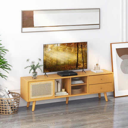 Dreamade Bamboo TV Stand for 55 60 65 Inch TV, PE Rattan Entertainment Center with Sliding Doors