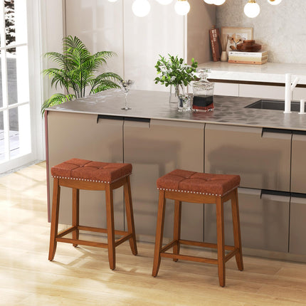 Dreamade Bar Stools Set, 25" Counter Height Bar Stools w/Saddle Seat, Footrest, Rivet, Button Tufted, Rubber Wood Frame