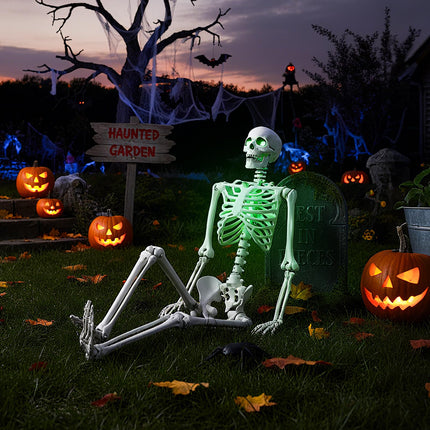 Dreamade 63" Life-Size Posable Skeleton with Green LED Lights Halloween Lighted Skeleton Decoration