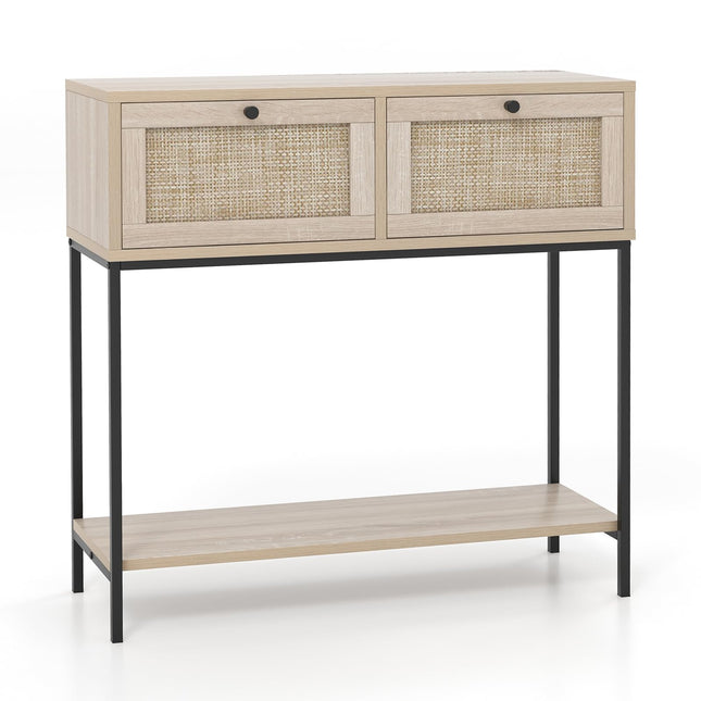 Dreamade Console Table with Rattan Drawers - 31.5" Entryway Table w/ 2 Drawers & Open Storage Shelf
