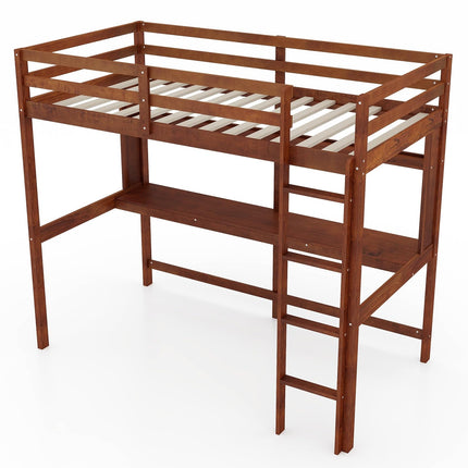 Dreamade Twin Loft Bed with Desk and Bookshelf, Wooden Bed Frame with Safety Guardrail & Ladder