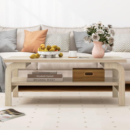 Dreamade 2-Tier Coffee Table with Storage, 47” Mid Century Rectangle Accent Table with Open Shelf