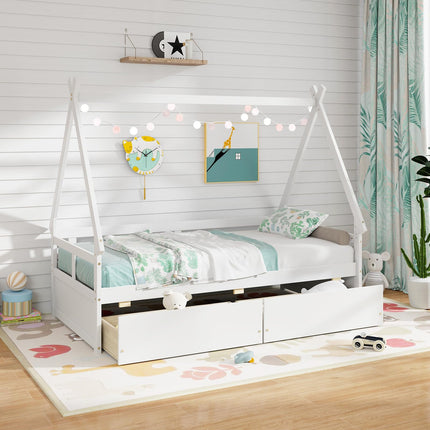 Dreamade Twin Bed with 2 Storage Drawers, Wood Montessori House Tent Bed Frame with Safety Guardrail